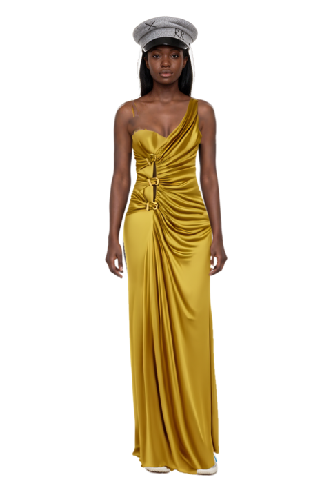Outfit bubble technical fabric and suede sneakers and ruched evening gown