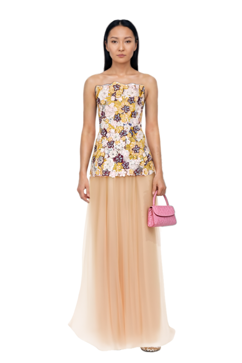 Outfit x jacquemus moon shoe sneakers and thia floral-embroidered strapless maxi dress