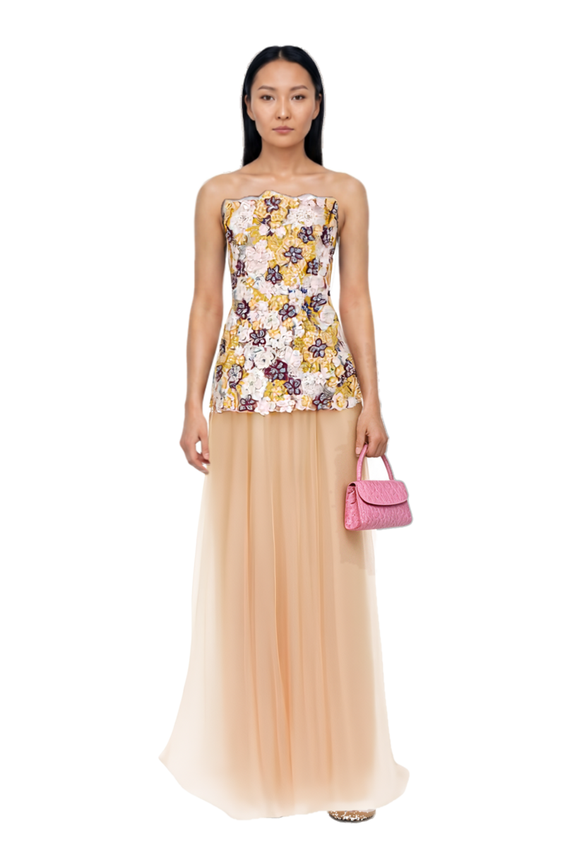 Outfit x jacquemus moon shoe sneakers and thia floral-embroidered strapless maxi dress