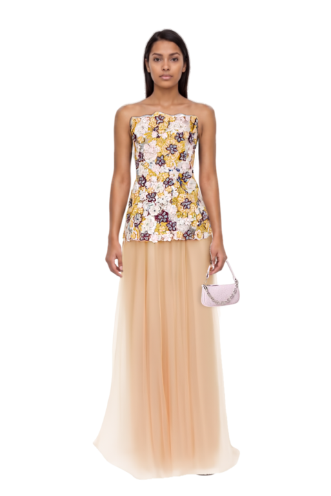 Outfit plume mesh fabric sneakers and thia floral-embroidered strapless maxi dress