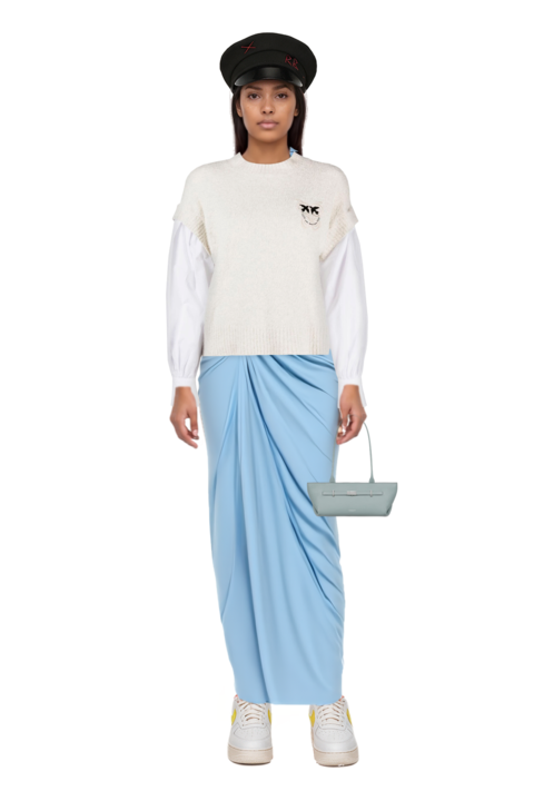 Outfit canoa one-shoulder knot maxi dress and new york grained leather shoulder bag