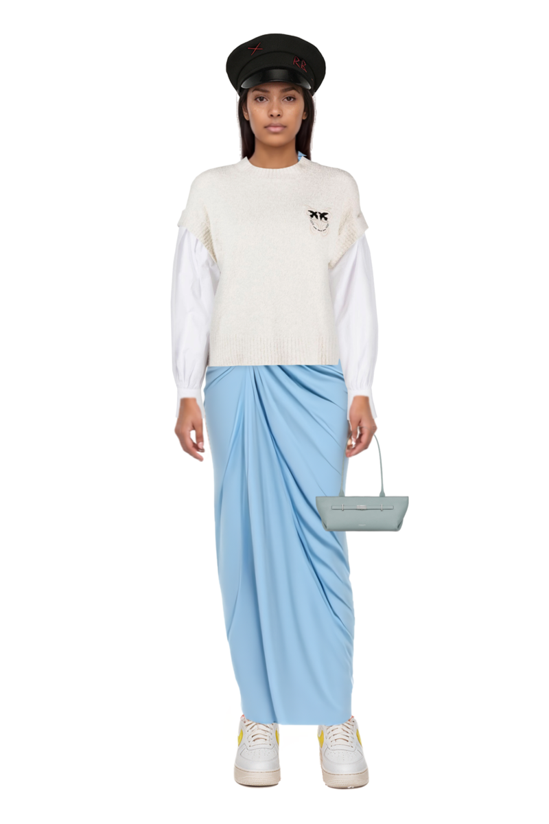 Outfit canoa one-shoulder knot maxi dress and new york grained leather shoulder bag