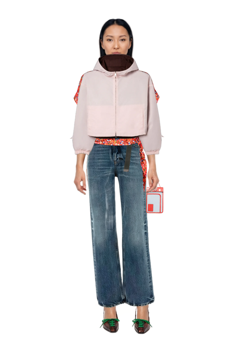 Outfit cotton jeans and reversible cropped nylon jacket
