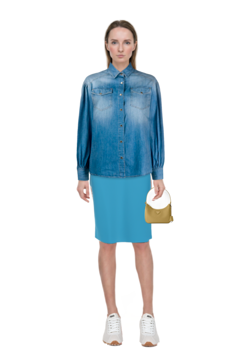 Outfit high-waist pencil skirt and plume mesh fabric sneakers