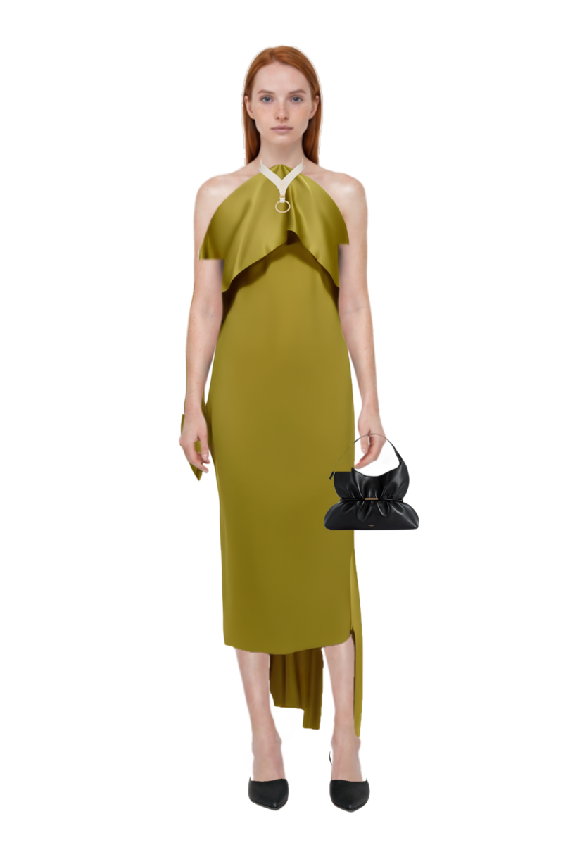 Outfit nan draped dress and sphynx medium bag in smooth leather
