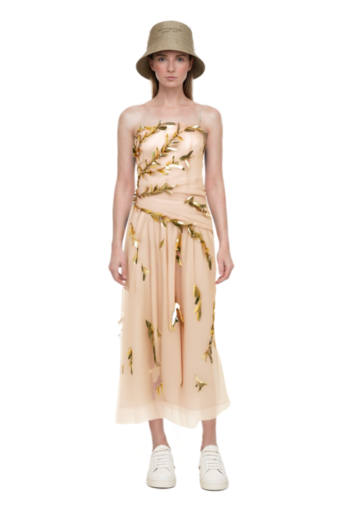 Outfit embroidered tulle strapless midi dress and 23 hat