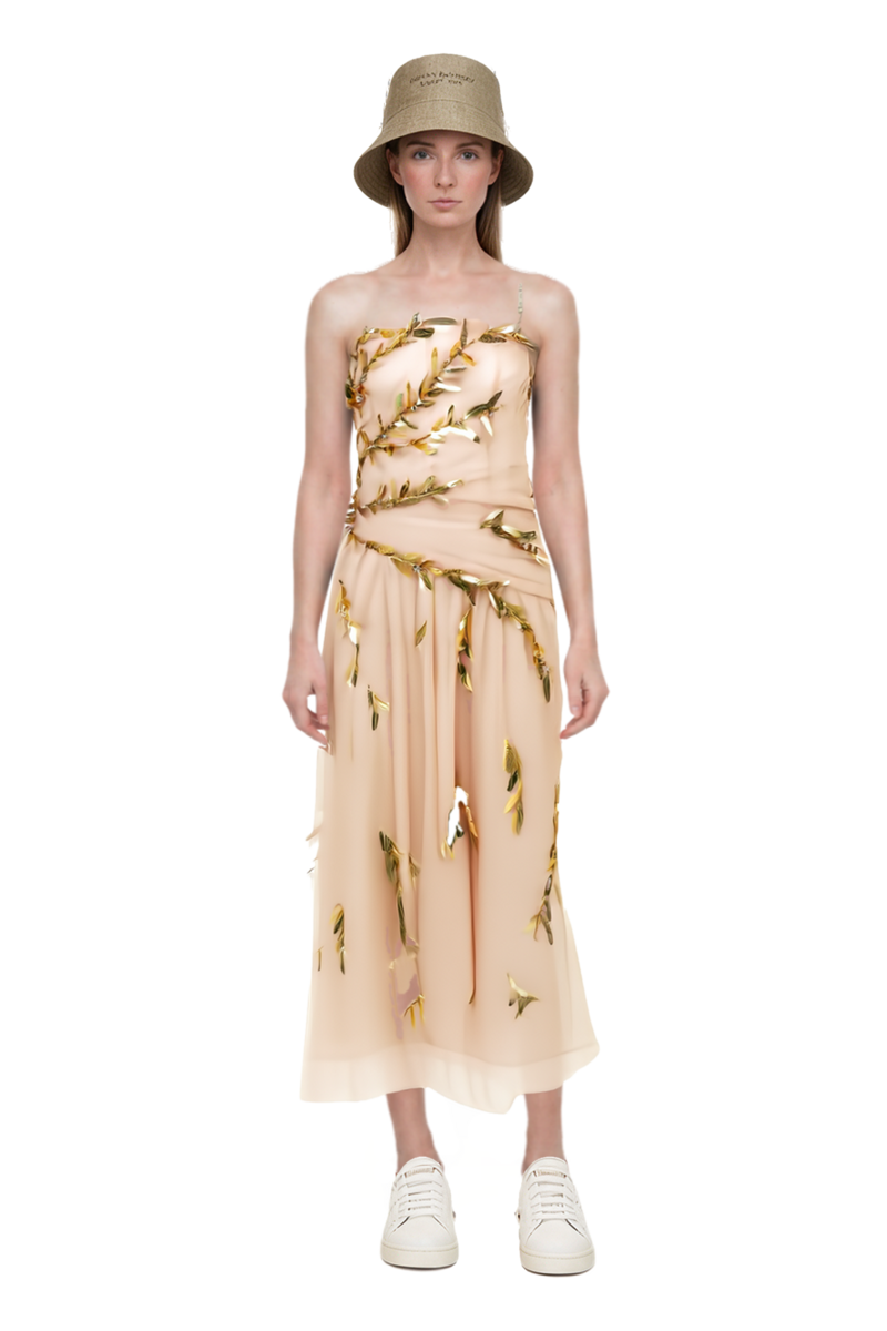 Outfit embroidered tulle strapless midi dress and 23 hat