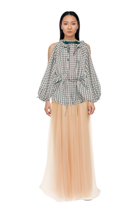 Outfit liu check drawstring raincoat and thia floral-embroidered strapless maxi dress