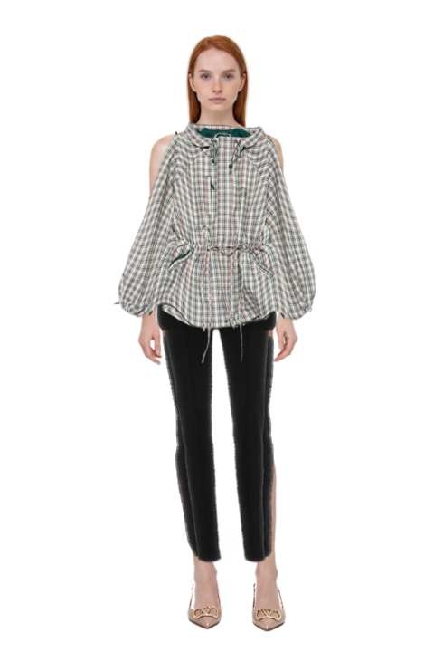 Outfit seam-detail leggings and liu check drawstring raincoat
