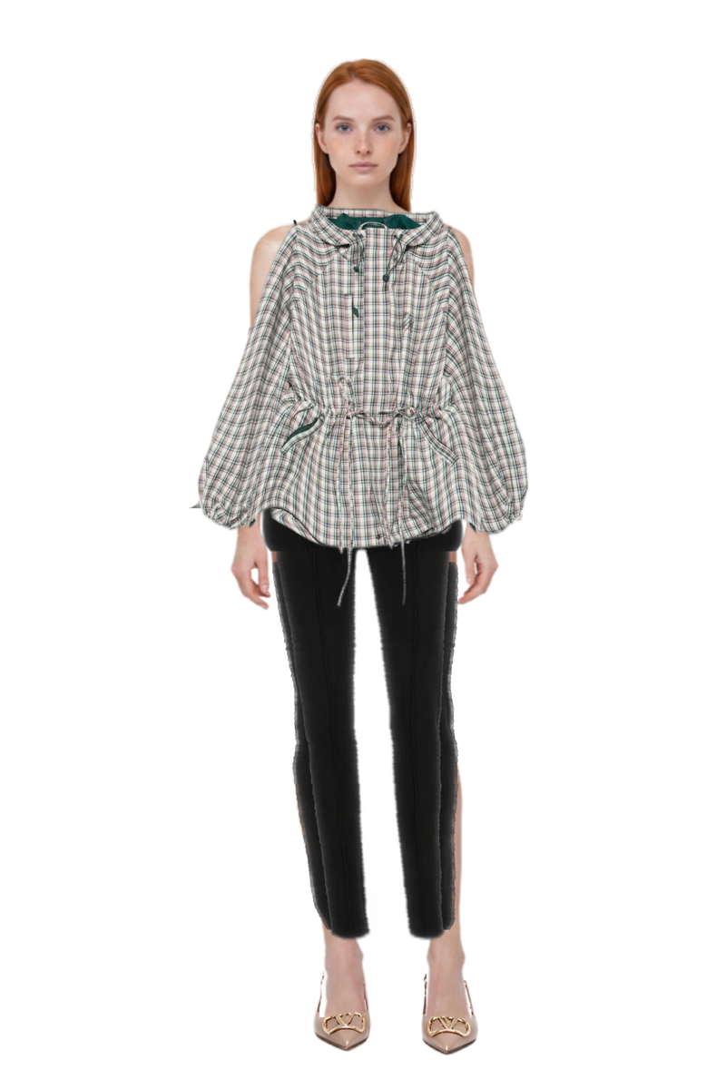 Outfit seam-detail leggings and liu check drawstring raincoat