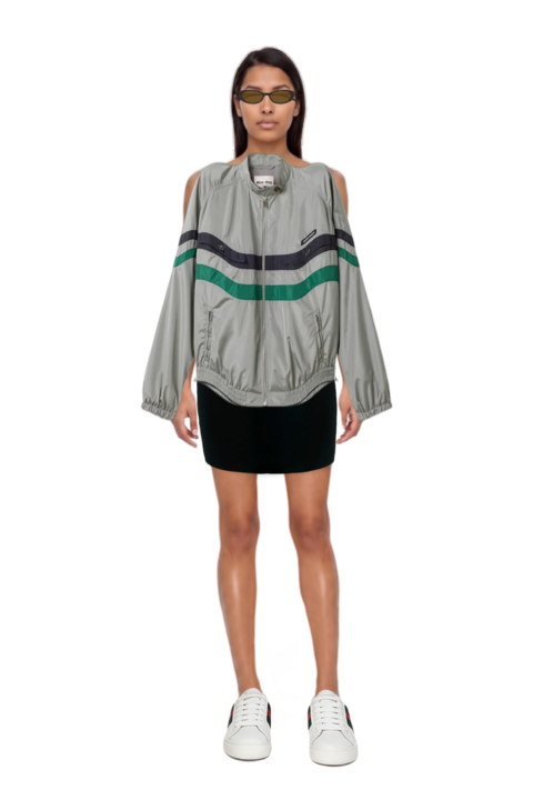 Outfit oval-frame sunglasses and technical silk blouson jacket