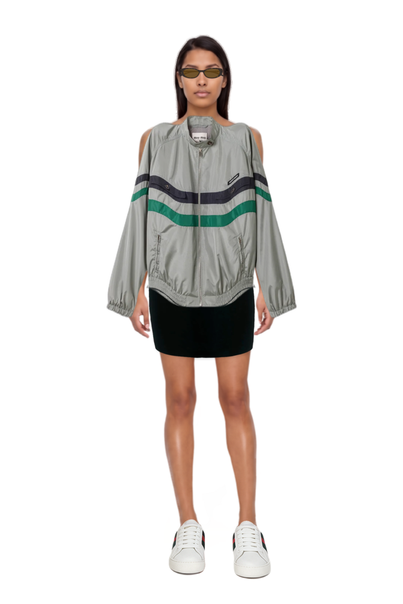 Outfit oval-frame sunglasses and technical silk blouson jacket