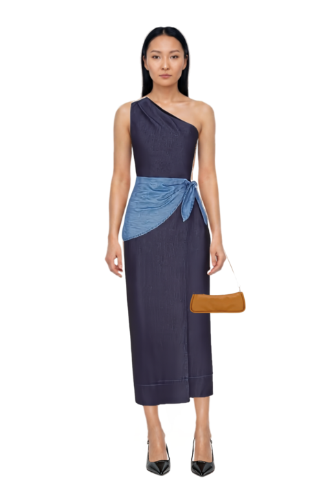 Outfit belem chambray one-shoulder midi dress and looong m shoulder bag
