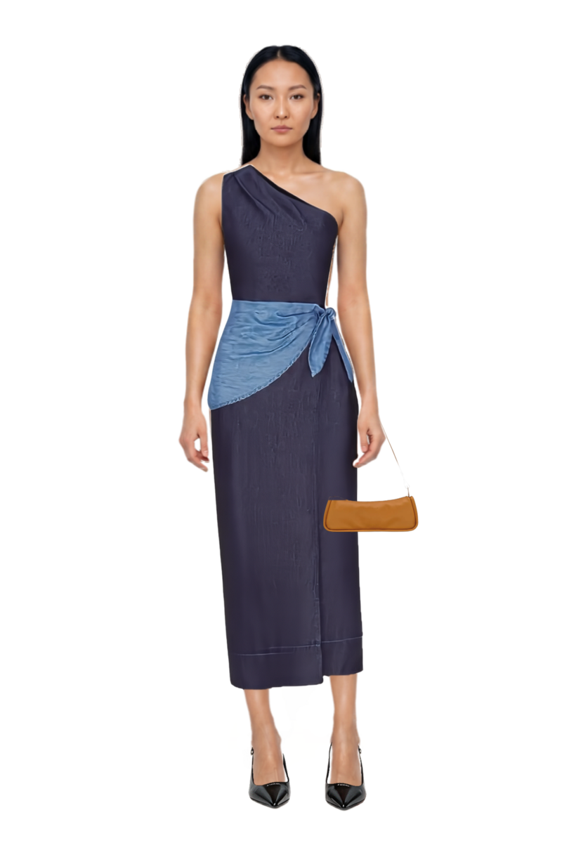 Outfit belem chambray one-shoulder midi dress and looong m shoulder bag