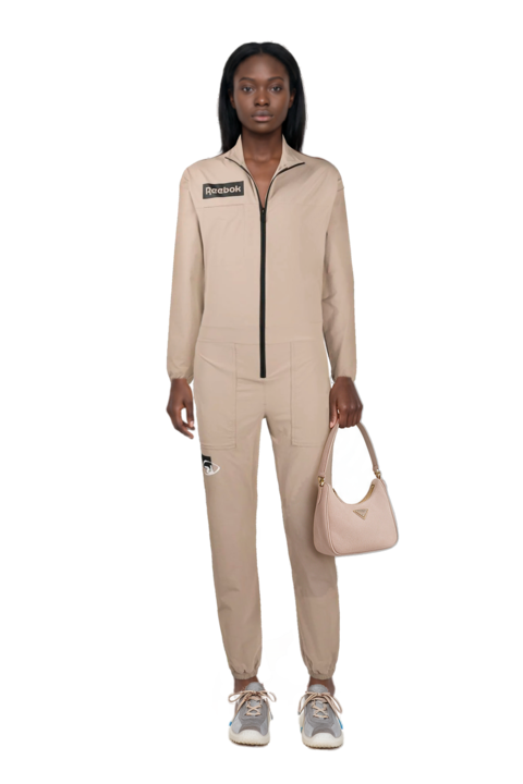 Outfit re-edition 2005 nubuck and saffiano leather mini-bag and bubble technical fabric and suede sneakers