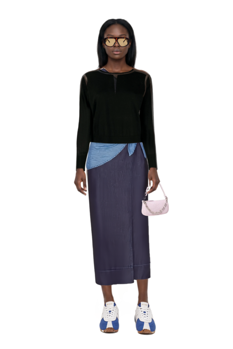 Outfit milano pilot sunglasses and belem chambray one-shoulder midi dress