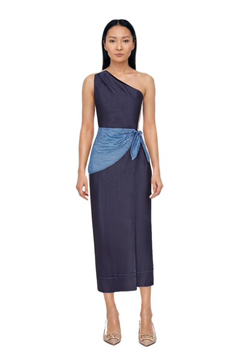 Outfit belem chambray one-shoulder midi dress and vlogo signature slingback pumps