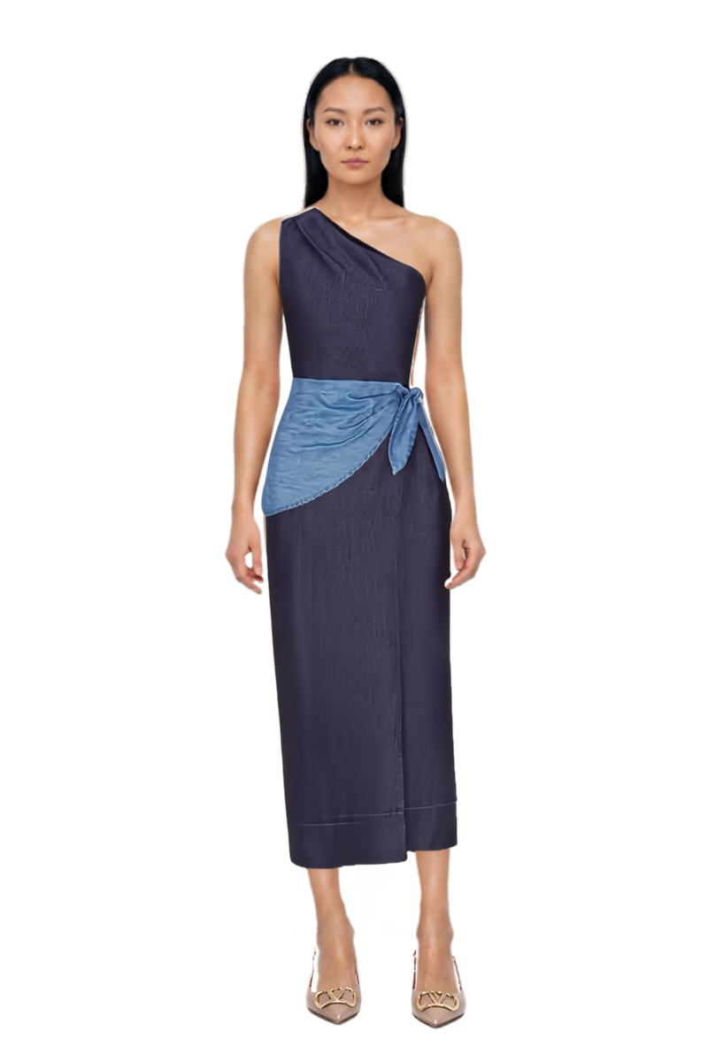 Outfit belem chambray one-shoulder midi dress and vlogo signature slingback pumps