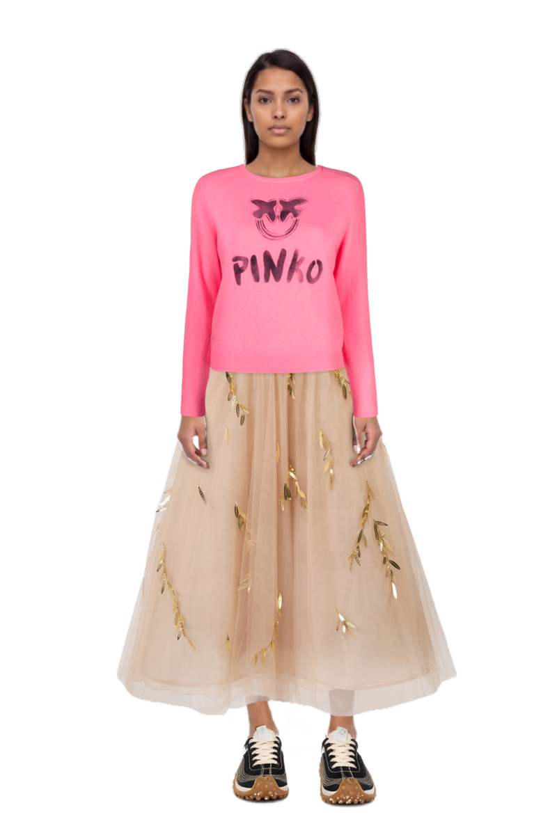 Outfit mesh mirage sneakers and embroidered tulle strapless midi dress