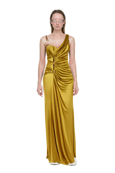 Outfit howl rectangle-frame sunglasses and ruched evening gown