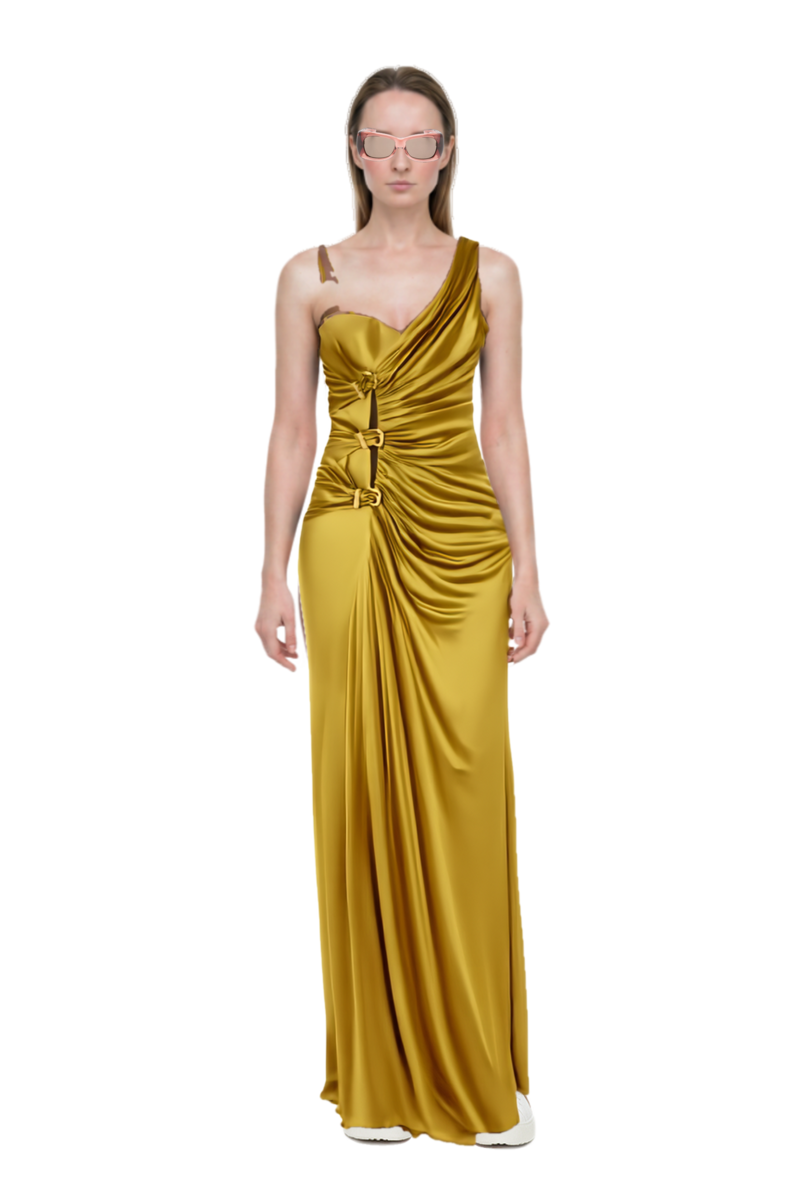 Outfit howl rectangle-frame sunglasses and ruched evening gown