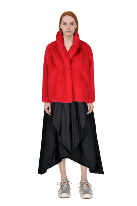 Outfit 23 fur coat and bubble technical fabric and suede sneakers