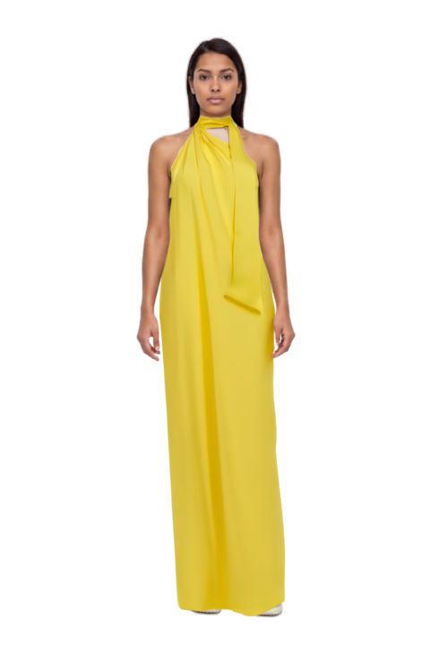 Outfit astor halterneck maxi dress and bubble technical fabric and suede sneakers