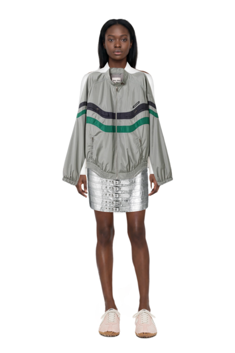 Outfit technical silk blouson jacket and x jacquemus moon shoe sneakers
