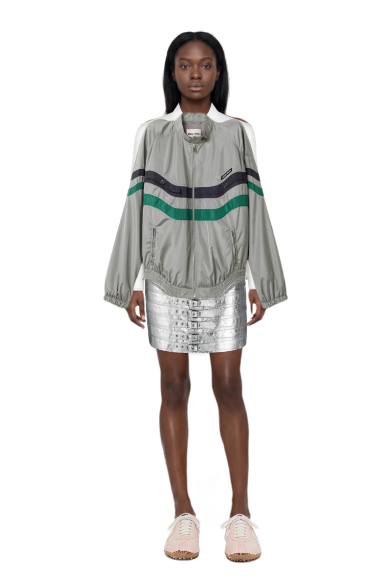 Outfit technical silk blouson jacket and x jacquemus moon shoe sneakers