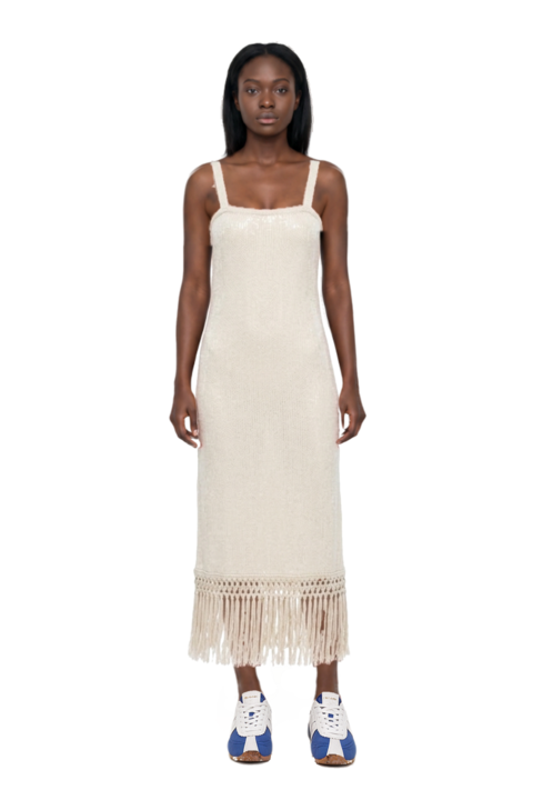 Outfit agrigento disco sequin fringed midi dress and the 400 bleecker runner sneakers