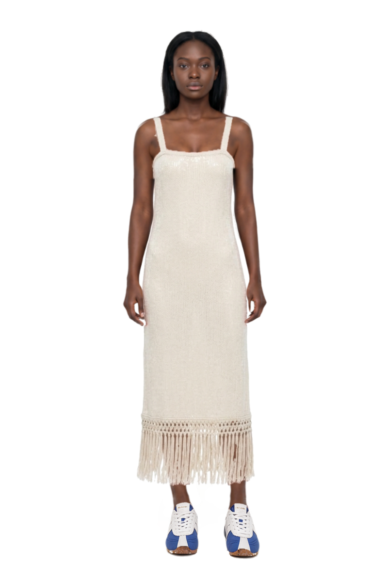 Outfit agrigento disco sequin fringed midi dress and the 400 bleecker runner sneakers