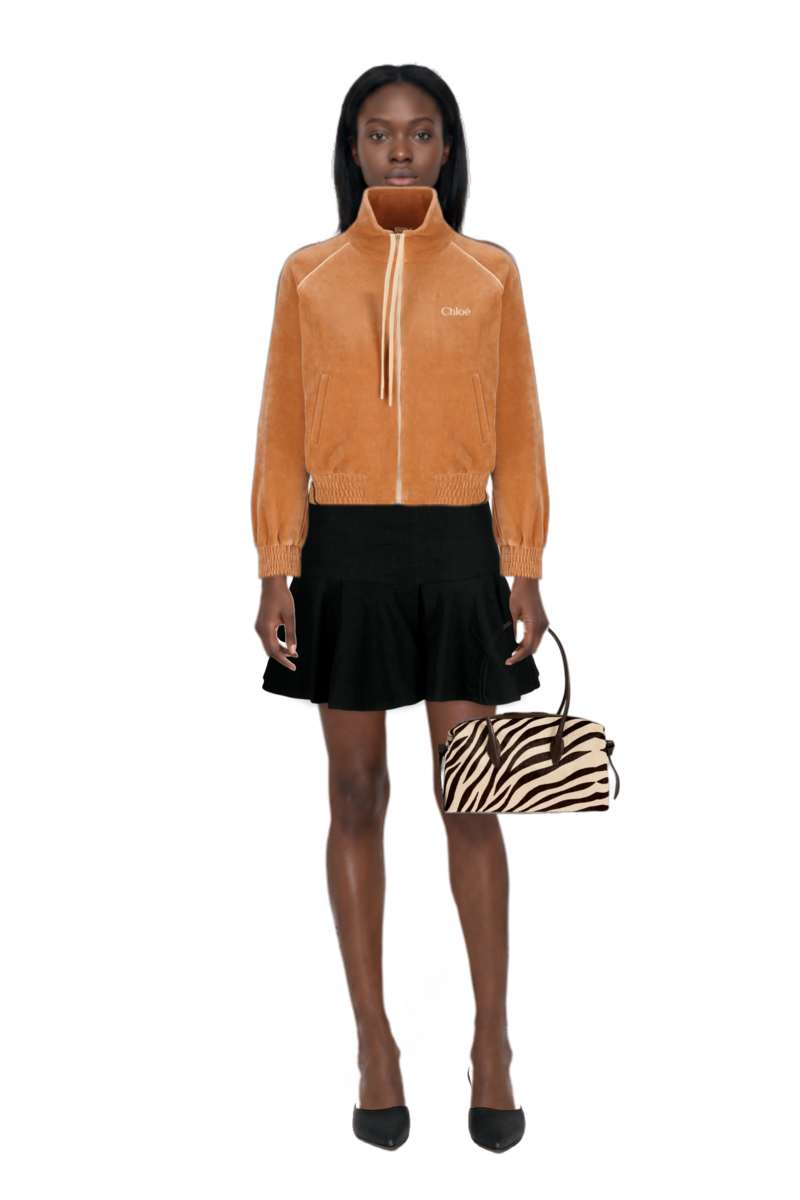 Outfit logo-embroidered velvet sweater and brioche duffle zebra-print shoulder bag