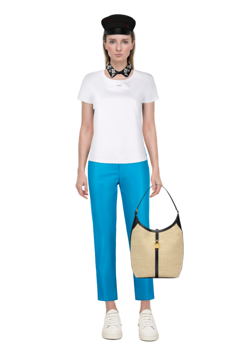 Outfit pinko trouser belt and siena raffia tote bag