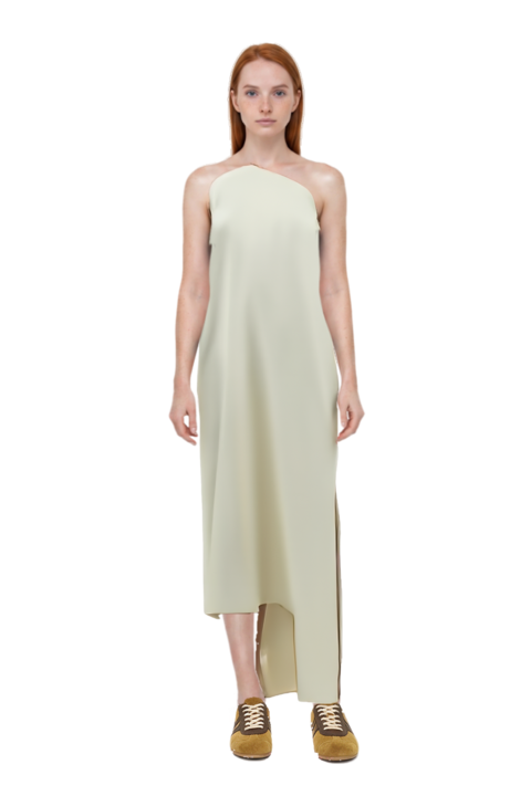 Outfit florinda one-shoulder slit dress and suede sneakers
