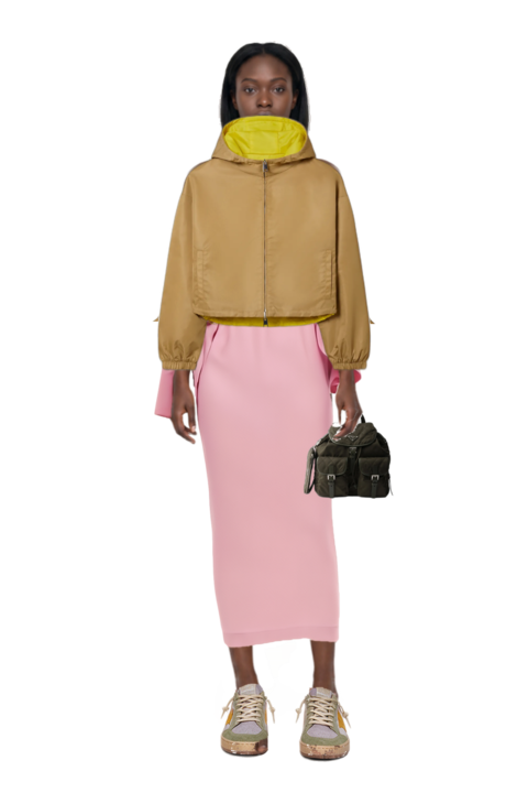 Outfit eolia cape-sleeve maxi dress and medium quilted re-nylon backpack with saffiano leather trim
