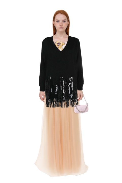 Outfit thia floral-embroidered strapless maxi dress and pinko sweater