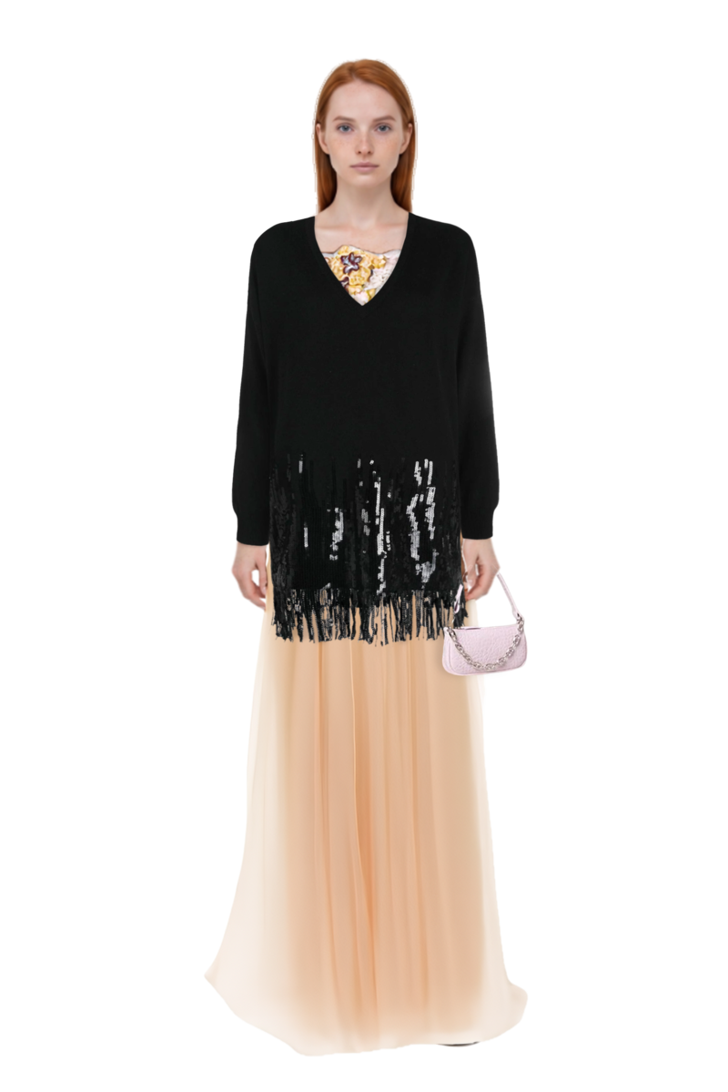 Outfit thia floral-embroidered strapless maxi dress and pinko sweater