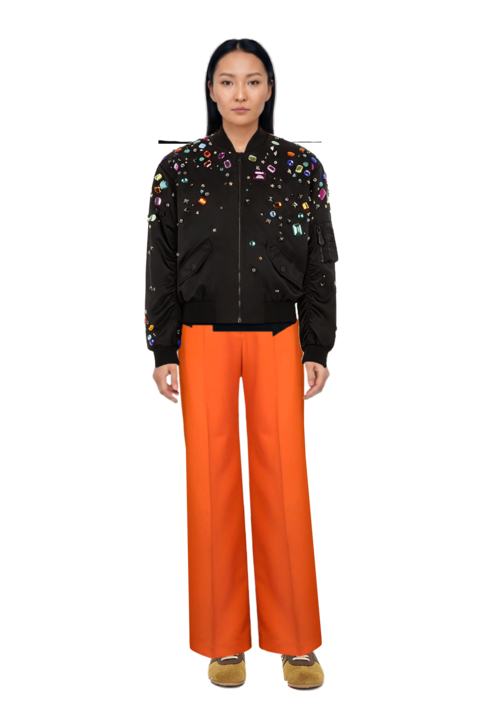 Outfit suede sneakers and embellished bomber jacket