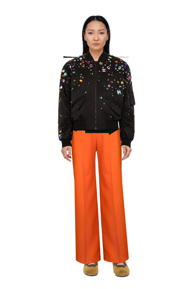 Outfit suede sneakers and embellished bomber jacket