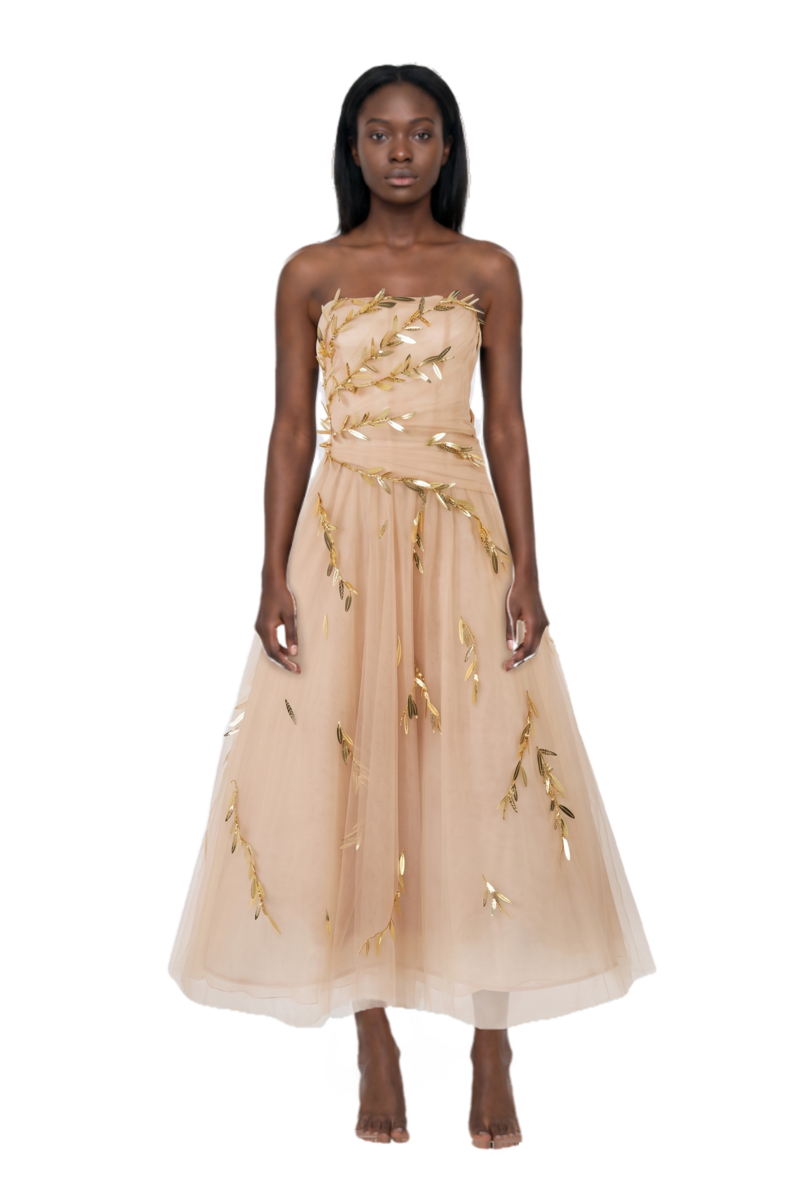 Outfit embroidered tulle strapless midi dress
