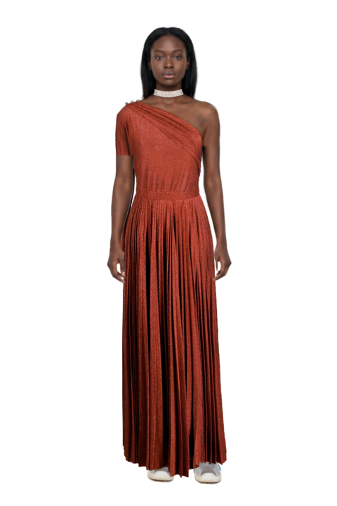 Outfit bubble technical fabric and suede sneakers and pinko evening dress