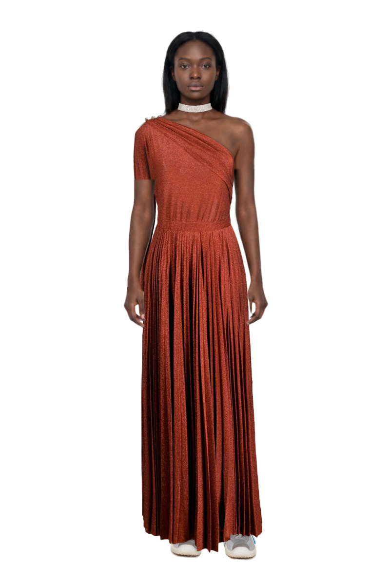 Outfit bubble technical fabric and suede sneakers and pinko evening dress
