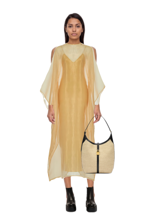 Outfit sphinx dress and siena raffia tote bag