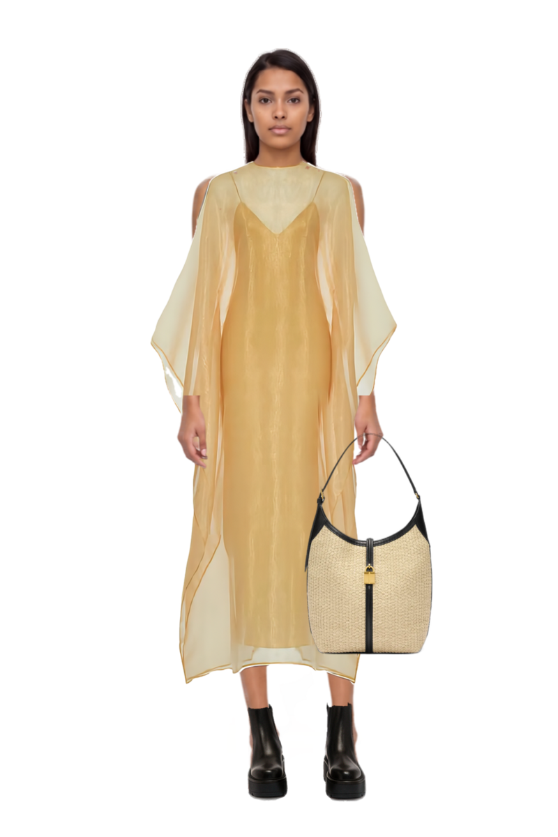 Outfit sphinx dress and siena raffia tote bag