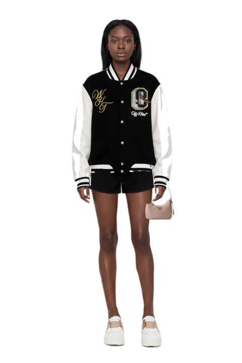 Outfit crystal-embellished bomber jacket and re-edition 2005 nubuck and saffiano leather mini-bag