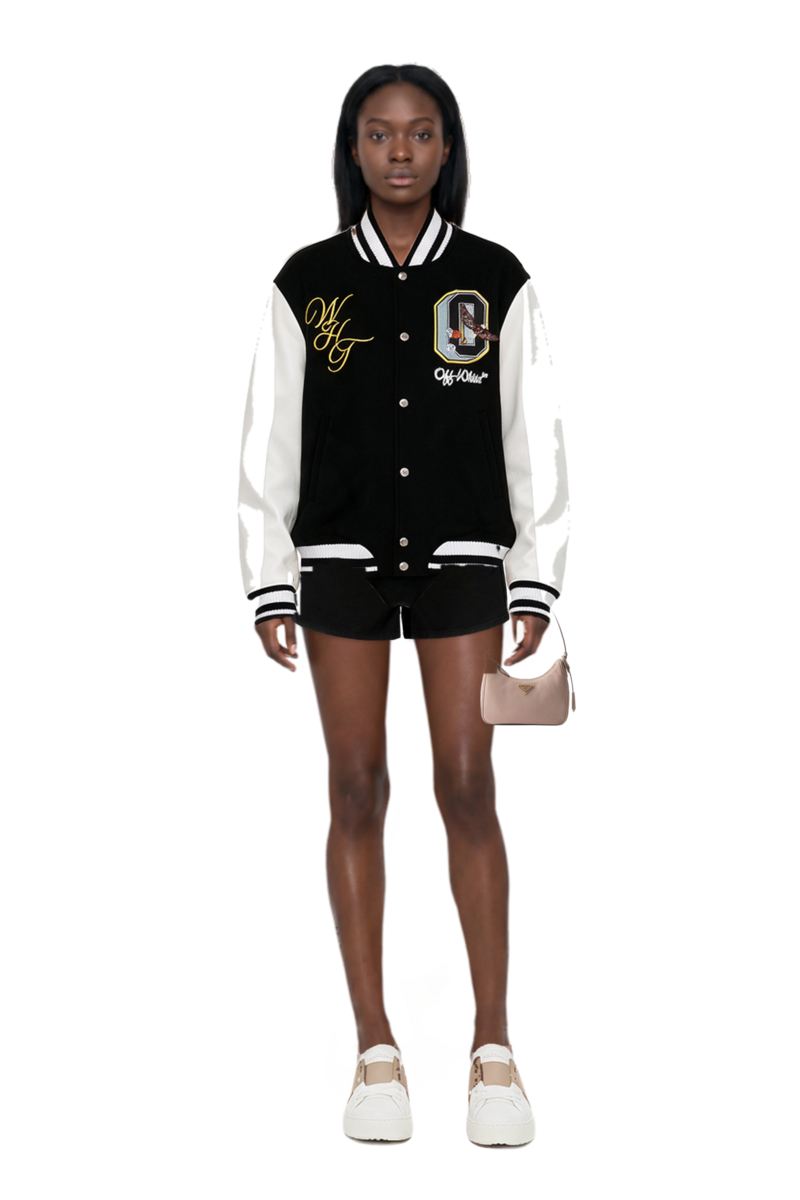 Outfit crystal-embellished bomber jacket and re-edition 2005 nubuck and saffiano leather mini-bag