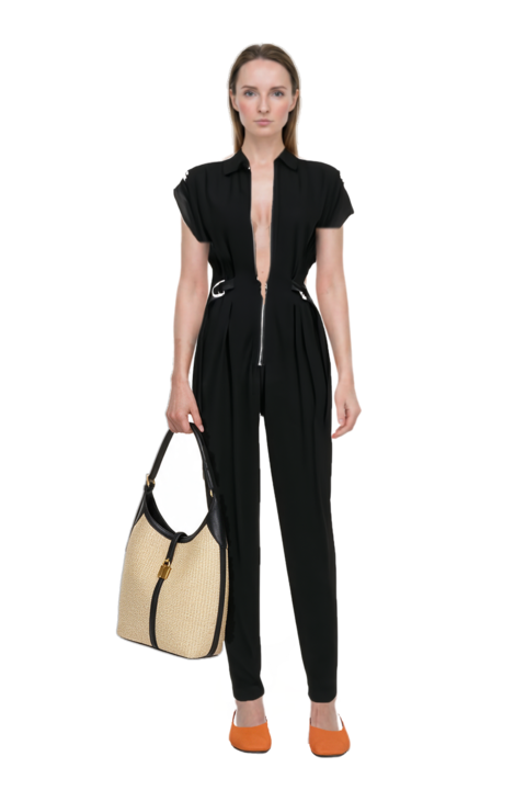 Outfit siena raffia tote bag and pinko jumpsuit