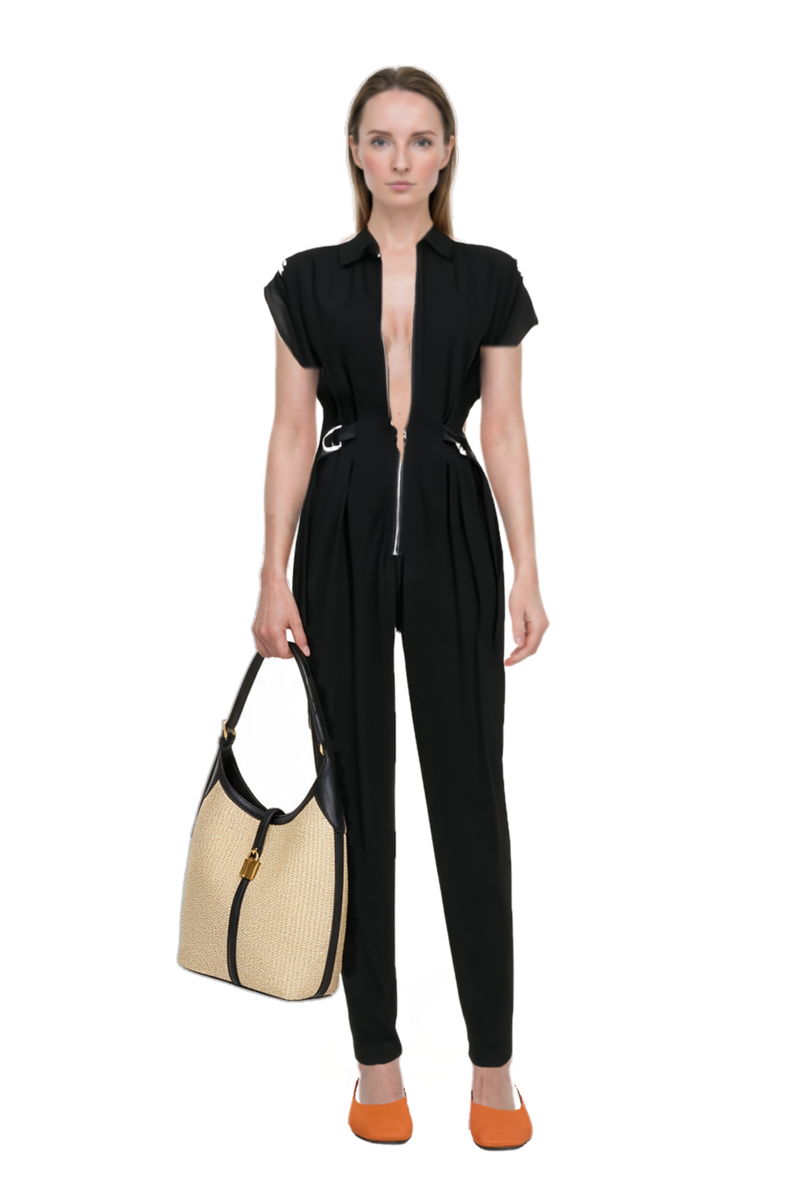 Outfit siena raffia tote bag and pinko jumpsuit