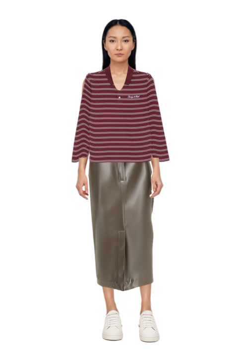 Outfit signature logo striped long-sleeve polo shirt and midi skirt