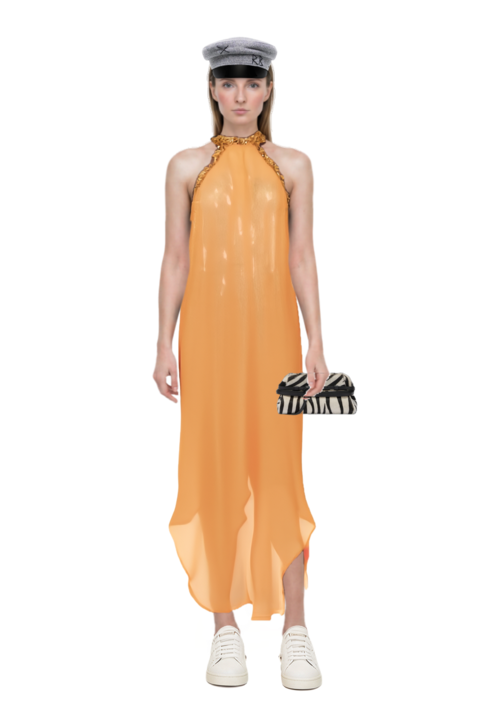 Outfit zebra-print leather clutch bag and isis sequin-embellished maxi dress